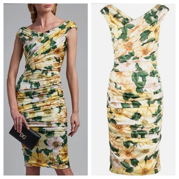 Dolce & Gabbana 2 38 Camellia Ruched Satin Silk Floral Dress - Picture 3 of 15